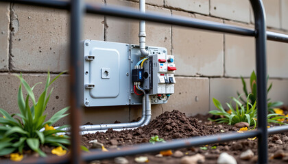 Poster - Electrical panel installation with wiring and plants nearby, showcasing proper grounding