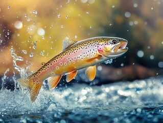 Poster - Leaping trout in vibrant water showcasing its colorful scales and spots against a blurred autumnal background