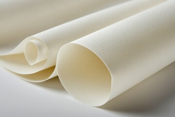 Poster - Elegant Ivory Paper Rolls Displaying Texture and Form in a Studio Setting with Neutral Background and Soft Lighting