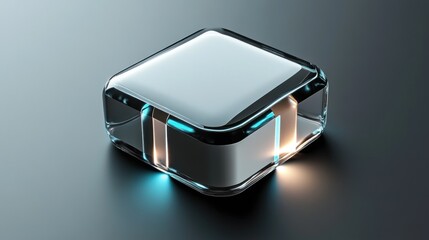 Sleek, glassy square object with light accents