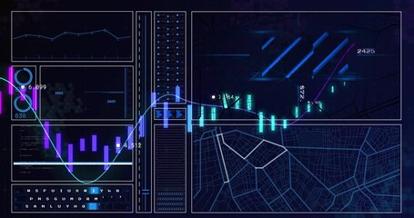 Poster - Digital analytics dashboard showing neon UI panels while animating live data visualizations