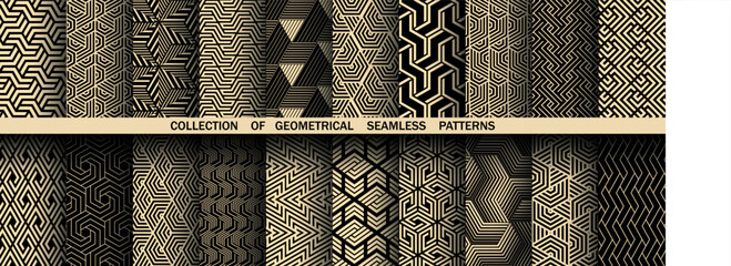 Fototapete - Geometric set of seamless black and golden patterns. Simple vector graphics