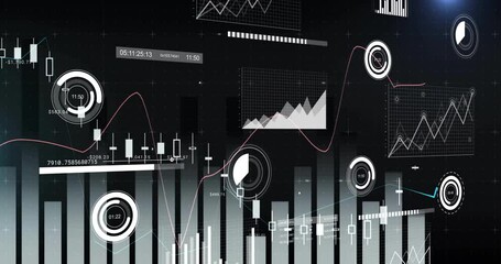 Poster - Central pie-chart icon rotating within flat design finance dashboard, showing bars and trend lines