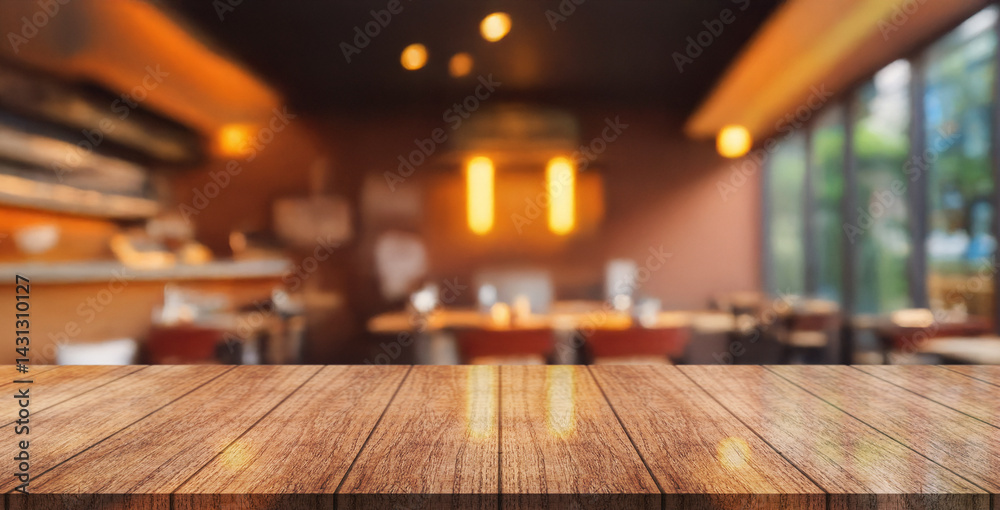 Empty wooden table top with lights bokeh on blur restaurant background ...