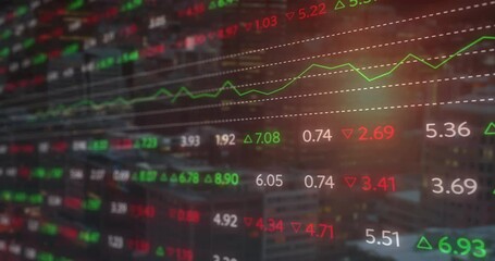 Poster - Digital overlay showing green red stock numbers and moving arrows tracking market fluctuations