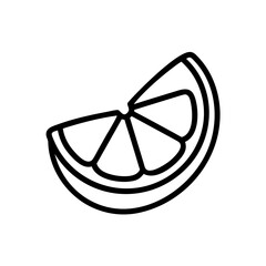 Poster - Illustration of a citrus fruit wedge with defined segments and a thick rind in a simple black outline