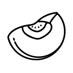 Poster - A simple line drawing of a peach slice with visible pit and a small drop like marking on the side area
