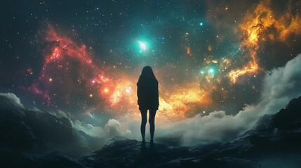 Wall Mural - a woman stands in front of a colorful sky with many stars. the sky is filled with a variety of color