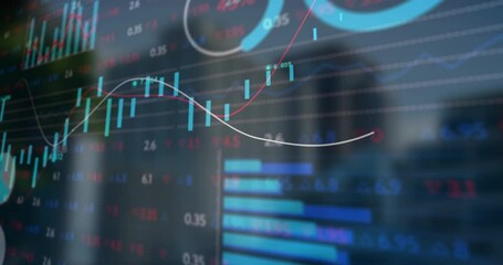 Poster - Translucent financial chart floating over city, showing candlesticks, trends, bar charts, numbers