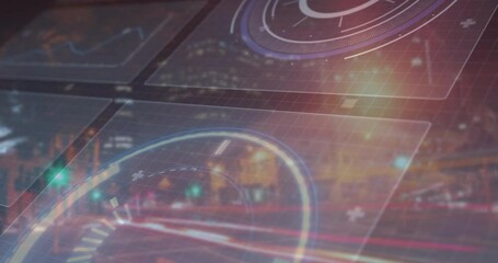 Poster - digital hud analytics overlay moving across city with panels and dials showing glowing data nodes