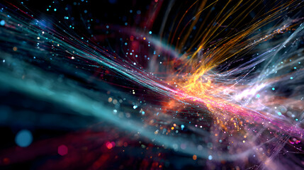 Poster - Dynamic energetic streams of light and vibrant hues create an abstract cosmic panorama of digital data