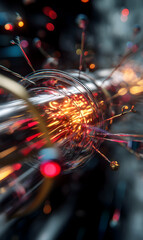 Poster - Abstract energy stream, luminous particles swirling inside a metallic structure with intricate details