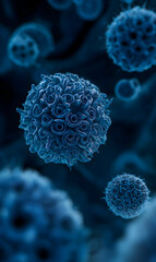 Poster - Enlarged microscopic virus particles revealing intricate surface architecture and complex molecular biology, medical visualization