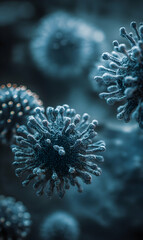 Poster - Detailed microscopic view unveiling intricate structures of novel viruses in a blue hazy environment
