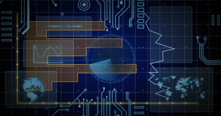 Poster - Central radar display spinning over dark blue grid layout, in flat design featuring waveform panel