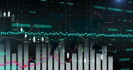 Poster - Animated financial interface showing neon candlesticks, cyan dots, magenta trend lines, teal bars