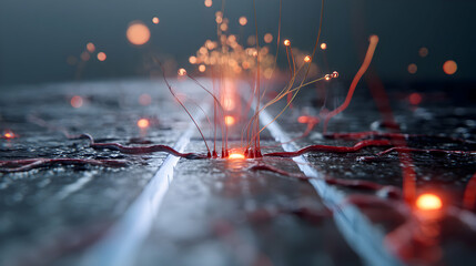 Poster - futuristic abstract digital art, depicting a network connecting with glowing sparks and energy beams