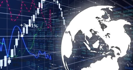 Poster - White stylized globe rotating on right while blue grid showing candlesticks and colored trend lines