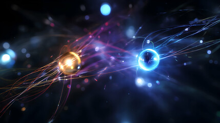 Poster - Abstract representation of quantum particles exhibiting wave particle duality and entanglement