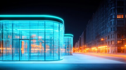 Fototapete - Sleek glass buildings glow with neon blue lights, standing out against a darkened cityscape. Streetlights cast a warm hue, enhancing the vibrant urban scene during nighttime.