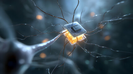 Poster - Futuristic interplay between neurons and microchips sparking ideas about neuroscience advancement