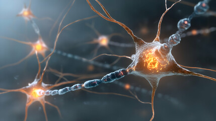 Poster - Complex network of neuron cells firing electrical signals through glowing synapses in the brain