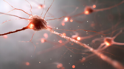 Poster - Neurons firing signals showing neural network activity and synapse transfer with glowing effects