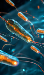 Poster - A digital rendering showcases nanorobots navigating a vibrant bloodstream, highlighting advancements in biomedical engineering and targeted drug delivery systems