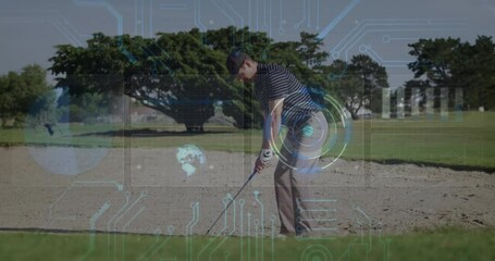 Poster - Male golfer swinging from sand bunker on golf course, displaying tech HUD graphs and globe icons