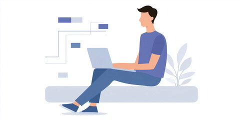 Fototapete - Young man working on laptop with digital interface elements and plant in background illustrating modern technology and remote work concept