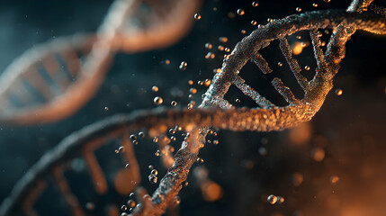 Poster - Detailed molecular representation displays a dna helix structure amidst a cascade of glistening particles