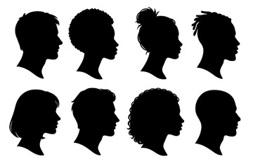 Poster - Diverse silhouette icon set showcasing various hairstyles and head shapes for creative projects and applications