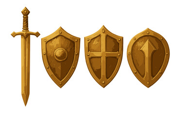 Aufkleber - Icon set featuring golden sword and shields for gaming or fantasy-themed design projects