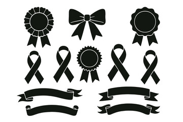 Poster - Collection of black icon set featuring ribbons, bows, and award badges for diverse design applications