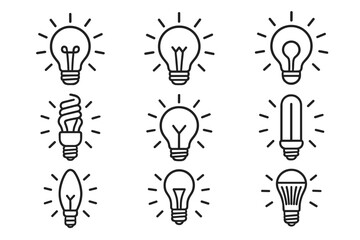 Fototapete - Diverse light bulb icons showcasing various designs and energy types in a clean, minimalist style