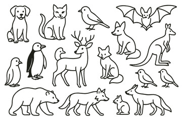 Poster - Collection of animal icons featuring various species in a simple line art style ideal for design projects
