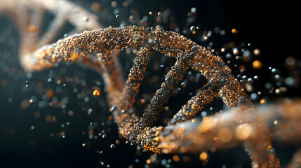 Poster - Captivating view of a golden dna strand radiating a symphony of floating particles in an intricate dance