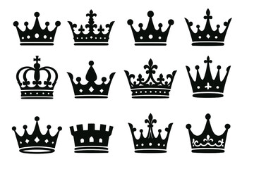 Poster - Unique black crown icon set featuring various designs for creative projects and digital use