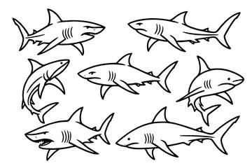 Poster - Various shark icons featuring different styles and poses in a minimalistic design suitable for various projects