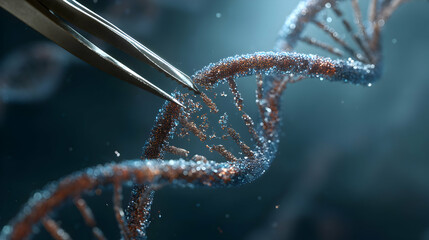 Poster - Precision tweezers manipulate a sparkling DNA strand, representing genetic engineering innovation advancement