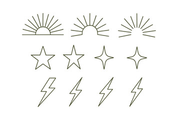 Fototapete - Icon set with minimalist sun, star, and lightning bolt designs for creative projects and graphic design