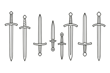 Poster - Collection of hand-drawn sword icons featuring various styles and sizes suitable for design projects and illustrations