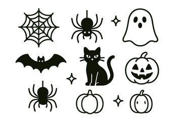 Aufkleber - Icon set featuring Halloween-themed illustrations including spider, bat, ghost, cat, and pumpkin in a playful design