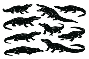 Poster - Icon set featuring various silhouettes of crocodiles arranged in multiple positions and angles
