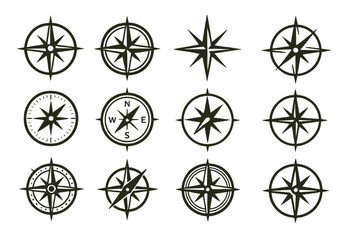 Fototapete - Collection of compass icons designed for navigation and cartographic applications in various styles