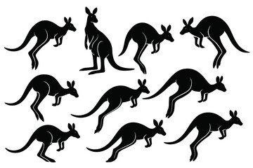 Poster - Kangaroo icon set featuring various poses and stances in a minimalist black design