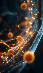 Poster - Intriguing close up visualization showcasing vibrant cells connected by delicate filaments of energy