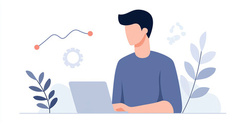 Poster - Young man working on laptop with data analysis graphics and gears in the background, digital workspace concept