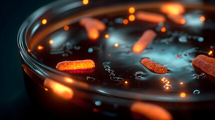 Poster - A captivating view of microscopic glowing bacteria colonies thriving within a petri dish environment