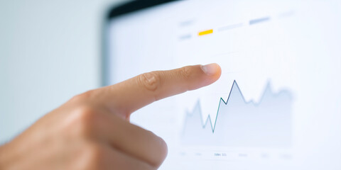 Poster - Finger pointing at a digital screen displaying a fluctuating financial graph with data analysis trends and statistics for business growth concept